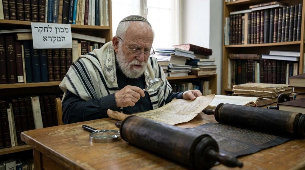 Elderly Israeli man in tallit examining ancient scrolls in library.