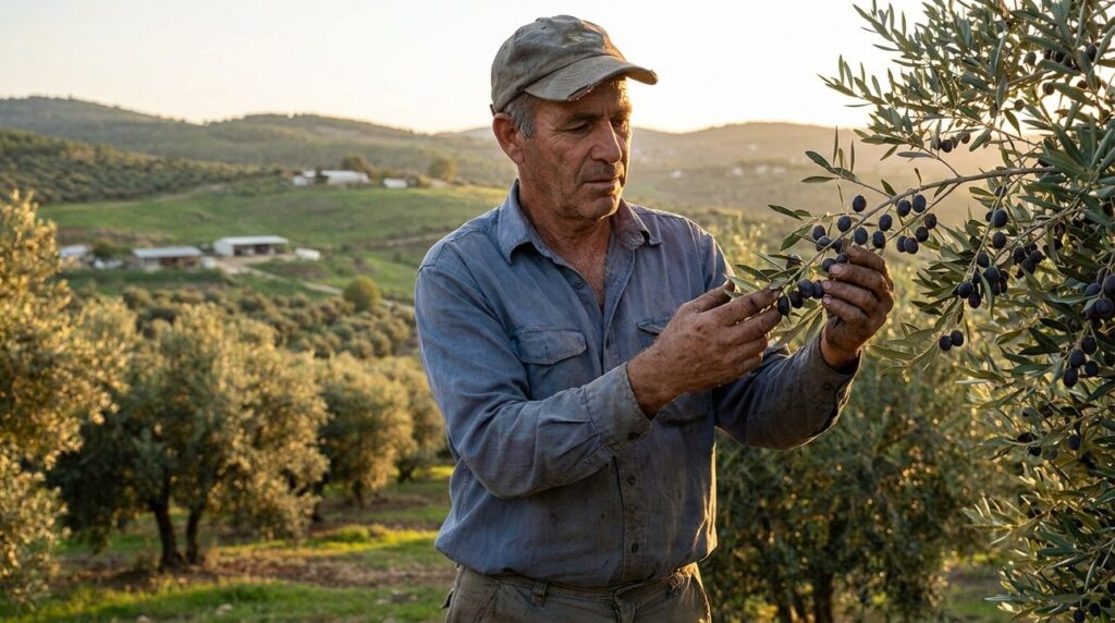 Middle-aged Israeli farmer examining olives in a Galilee grove.