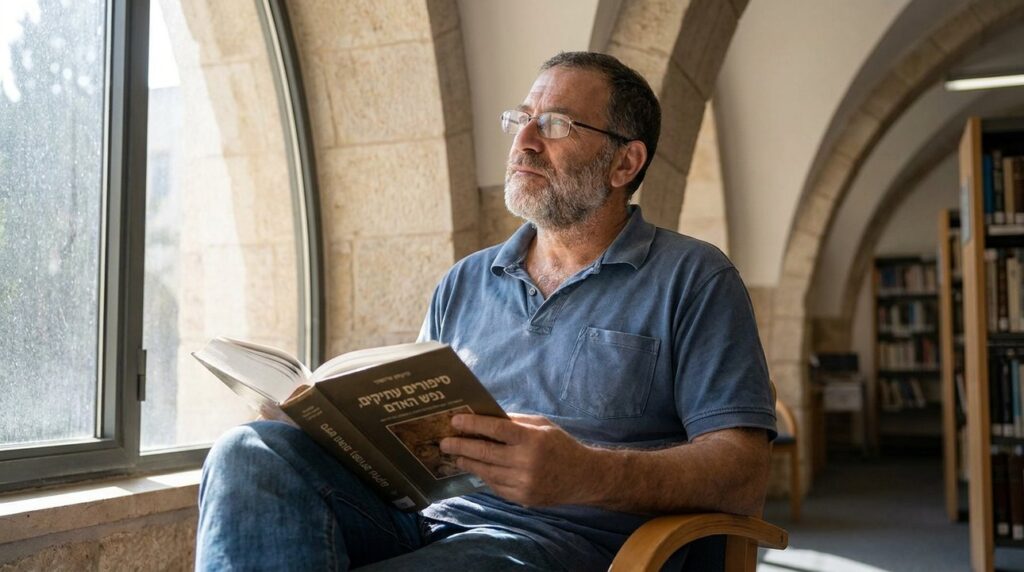 Israeli man reading a book in a sunlit Jerusalem library.
