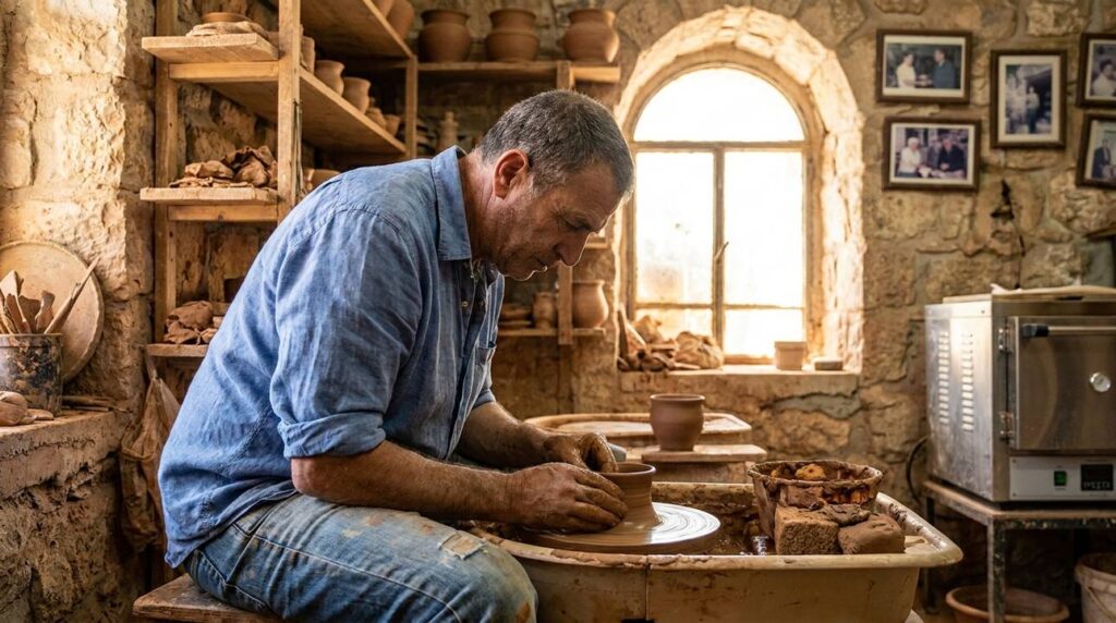 Israeli artisan crafting pottery in a sunlit Hamonah workshop.