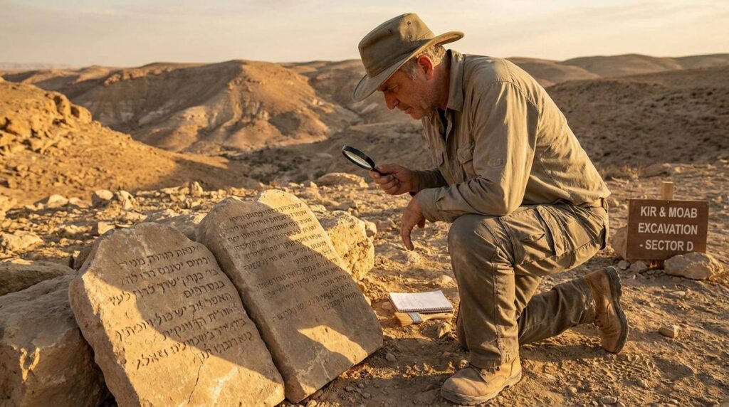 Middle-aged archaeologist examines stone inscriptions at Israeli excavation site.