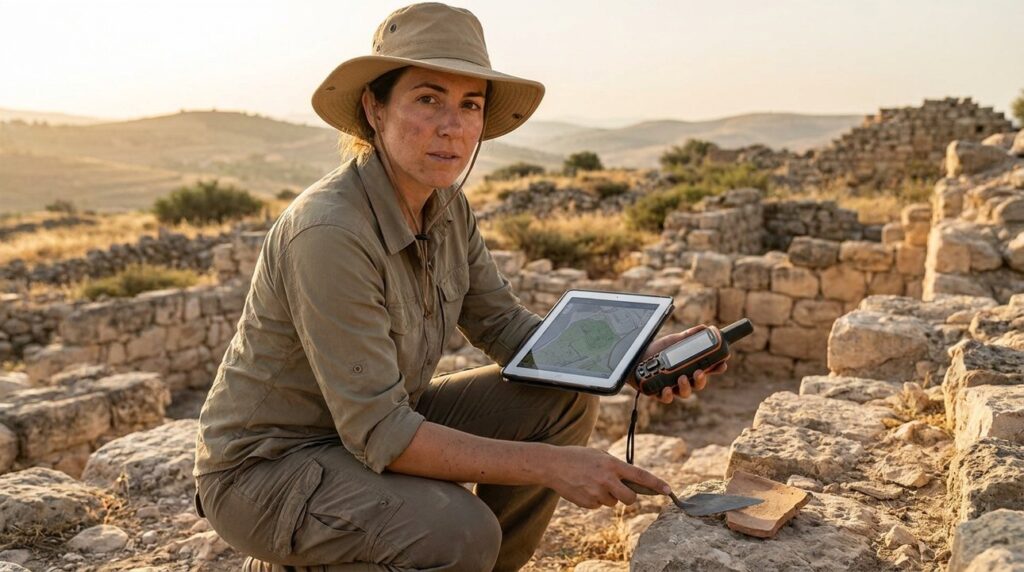 Archaeologist with GPS examines artifacts at Heshbon, Jordan.