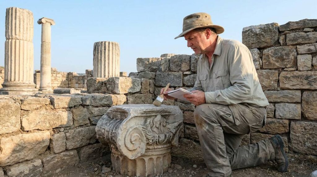 Archaeologist examines ancient Macedonian temple ruins in morning light.