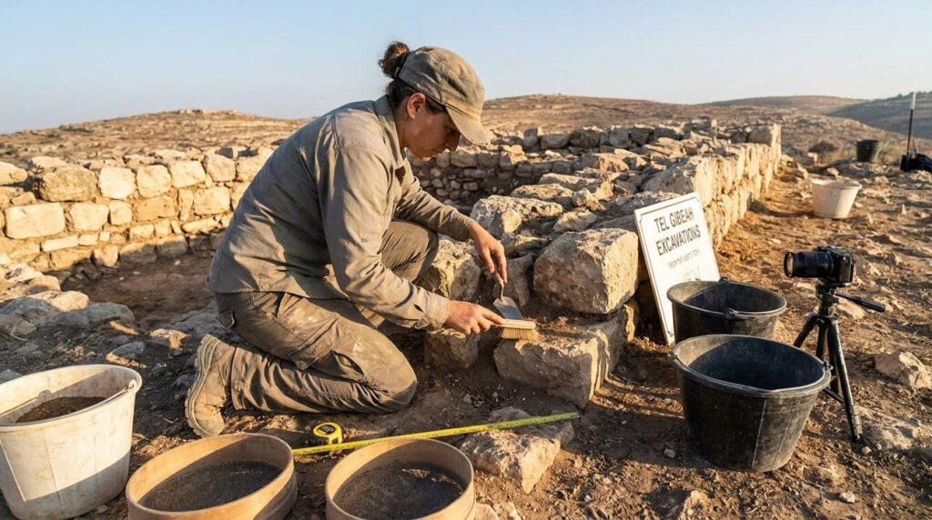 Israeli archaeologist examines ancient fortifications at Gibeah dig site.