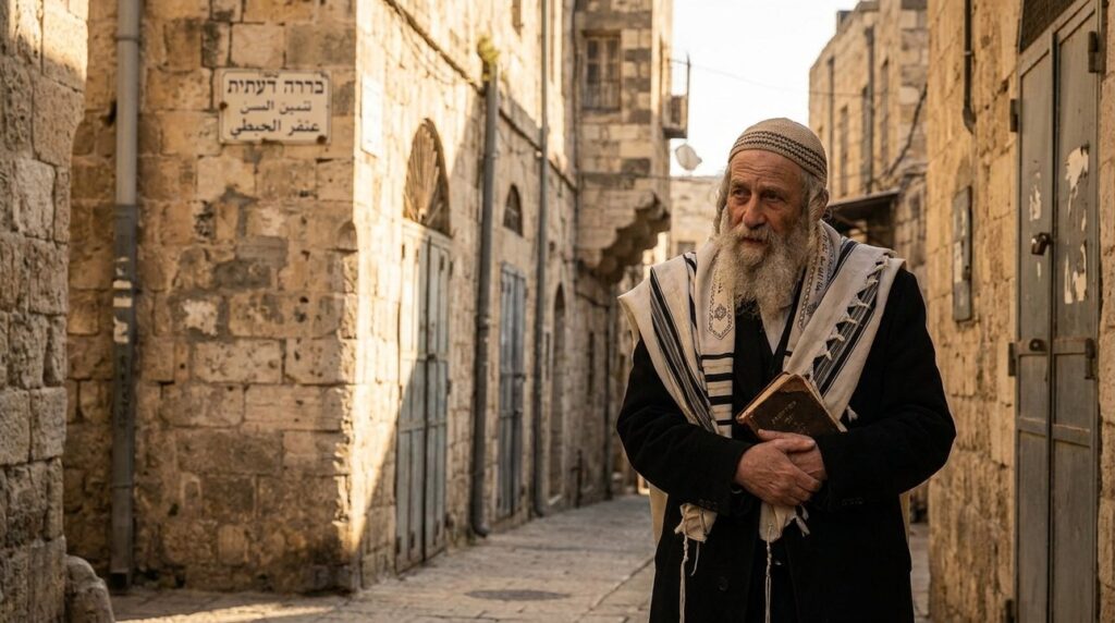 Elderly Jewish man in kippah and tallit in Hebron's streets.