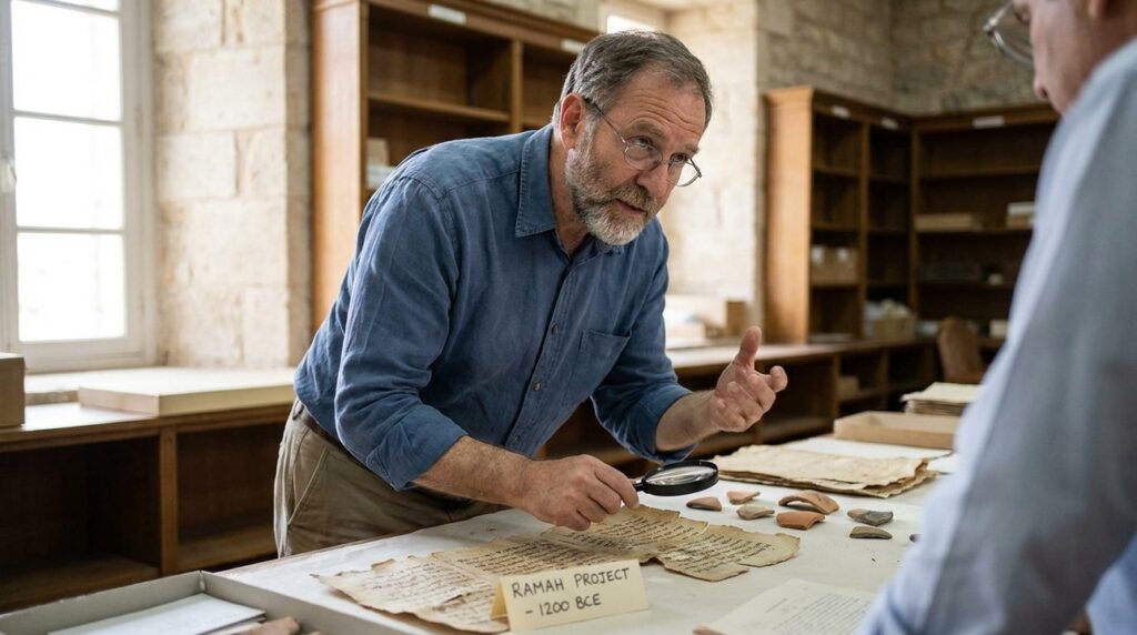 Israeli historian examines ancient texts and artifacts in soft morning light.