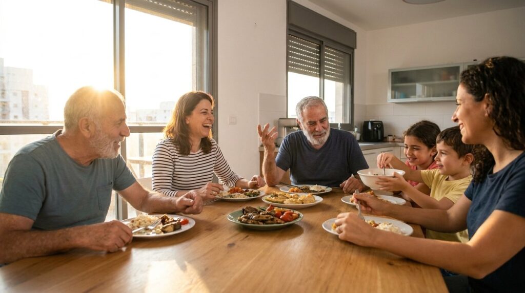 Israeli family of various ages enjoying dinner together in modern home.