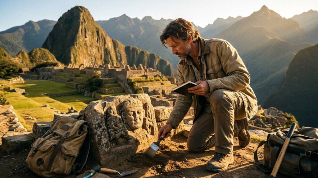 Researcher in rugged attire examines ancient ruins with notebook at sunset.
