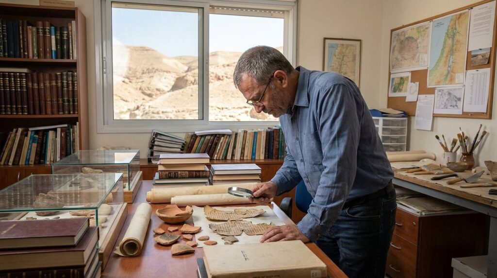 Israeli historian studies King Solomon artifacts in cluttered, scenic office.