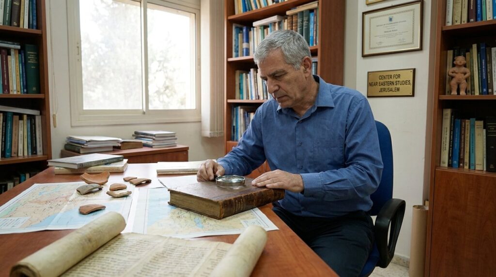 Israeli scholar examines Queen of Sheba texts in book-filled office.