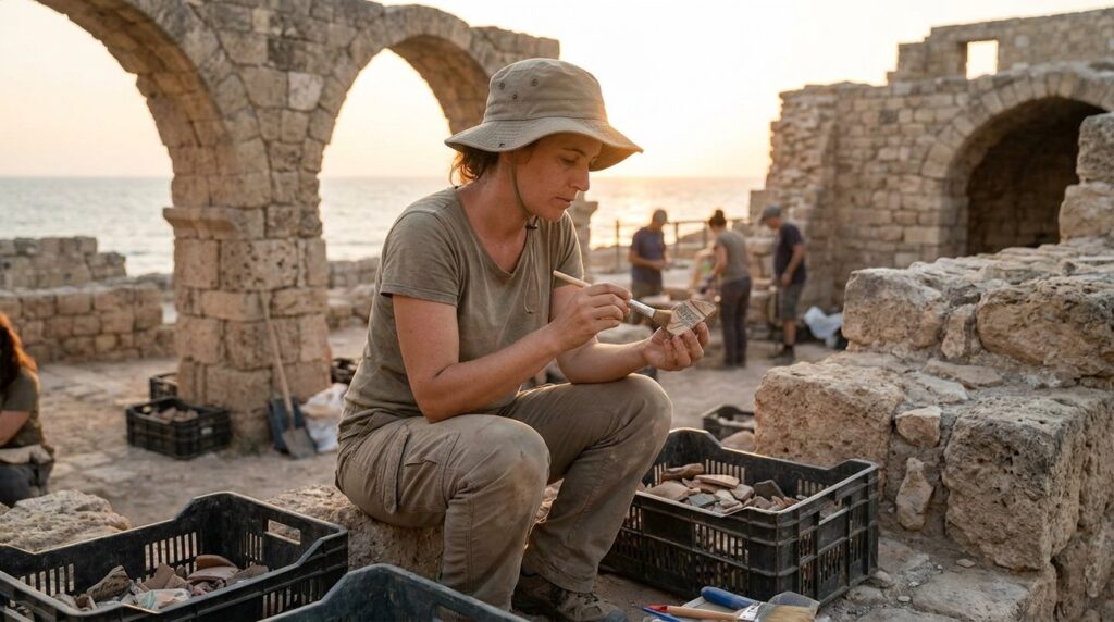 Israeli archaeologist examines artifacts at Joppa ruins in evening light.
