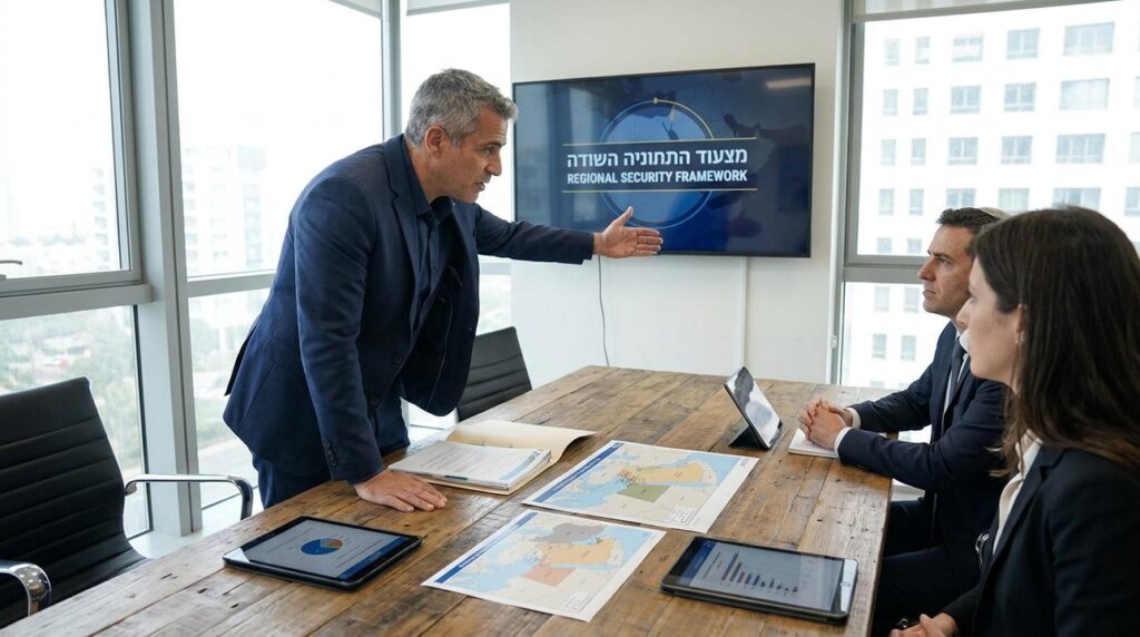 Israeli diplomat in suit at strategic meeting with documents and screens.