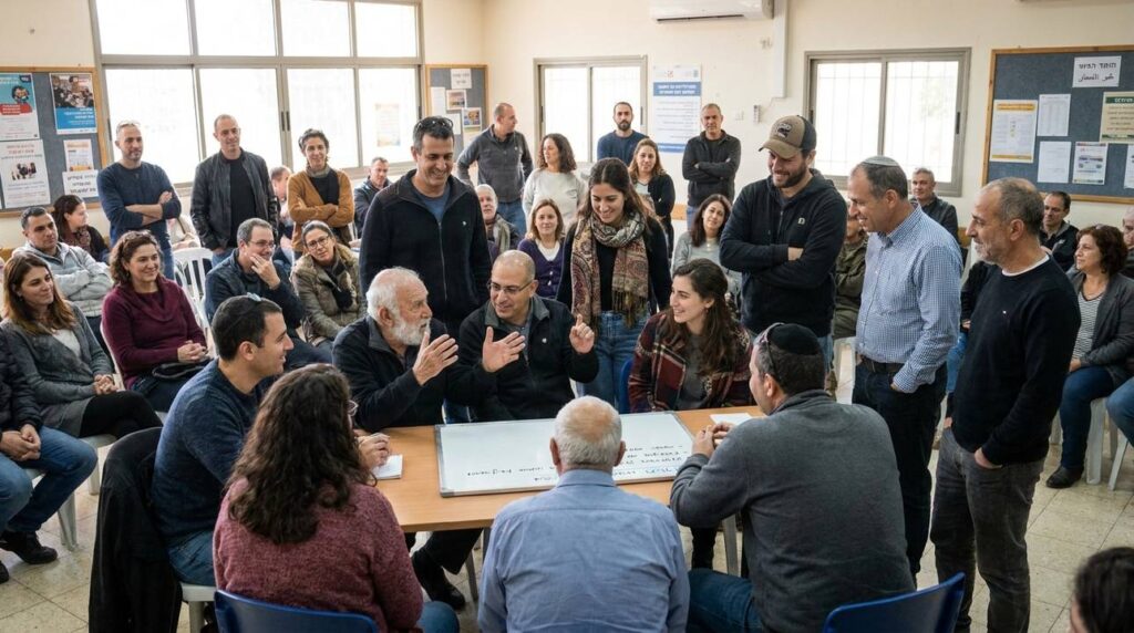 Diverse group of Israeli people discussing in a sunlit community center.