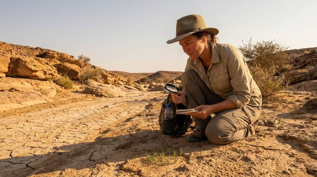 Woman examines vegetation in sunlit Paran desert landscape.