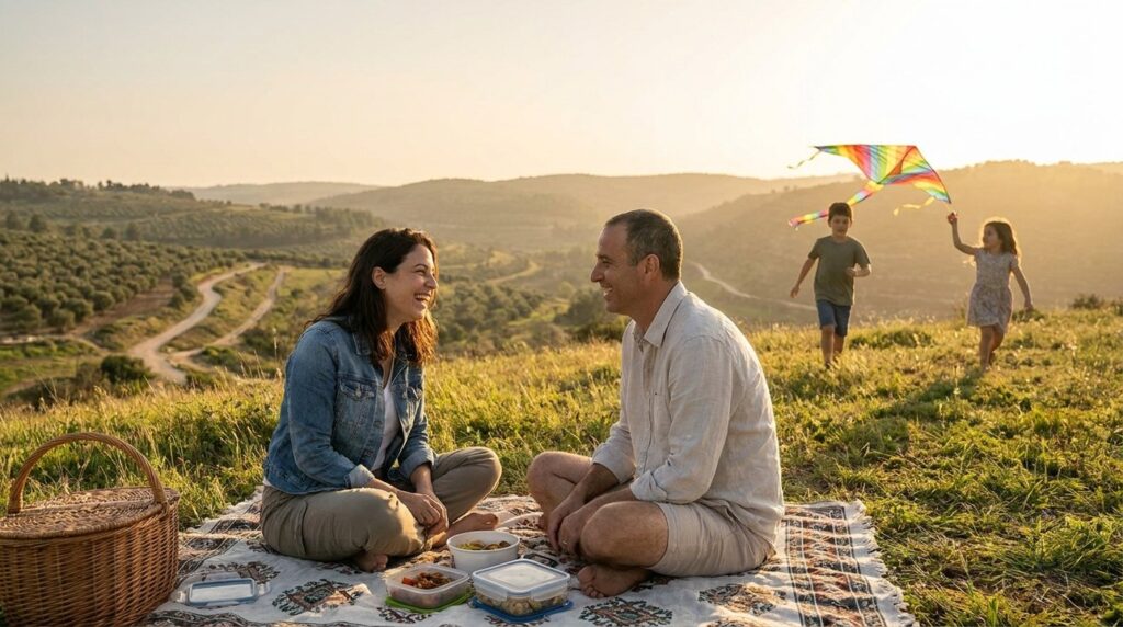 Israeli family enjoying a picnic and flying a kite in Aijalon Valley.