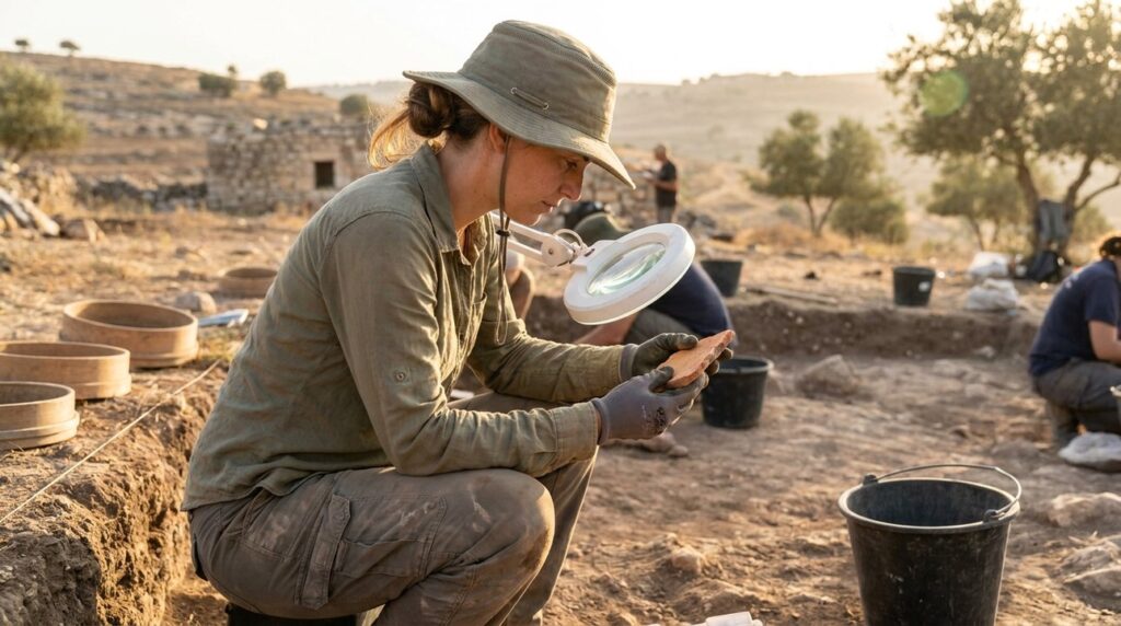 Israeli archaeologist examines pottery shards at Samaria dig site.
