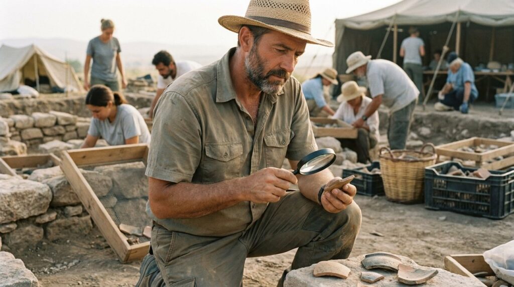 Male archaeologist examines pottery shards at Moresheth-Gath excavation site.