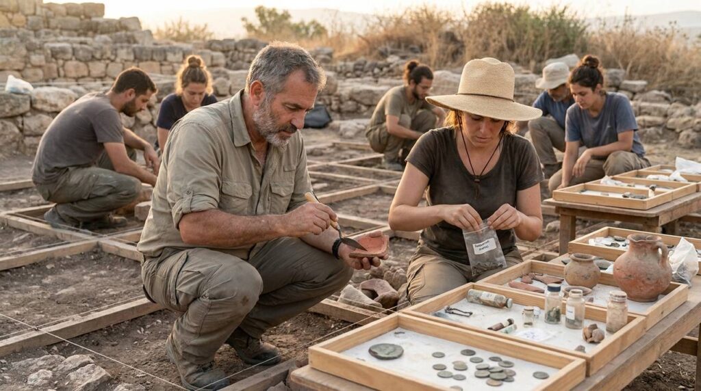 Researchers excavate ancient artifacts at Karnaim, Israel, with pottery shards visible.