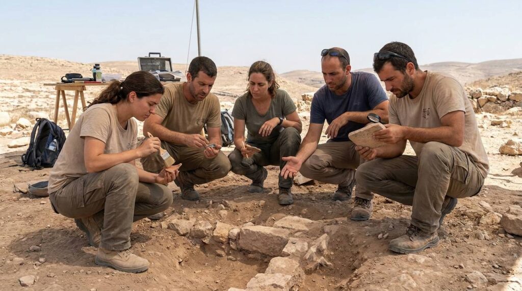 Israeli archaeologists examining artifacts at Maon dig site.