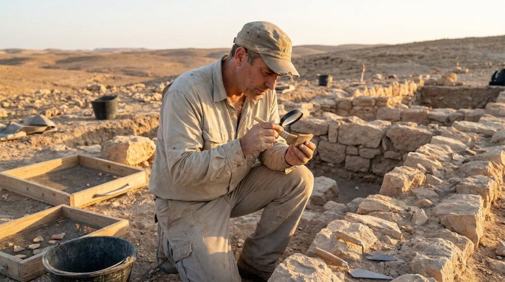 Archaeologist examining artifacts at Negev Desert excavation site.