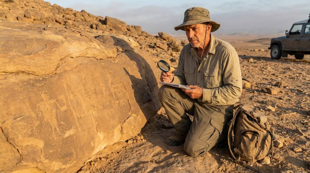 Israeli researcher examines ancient inscriptions on stone in Paran desert.