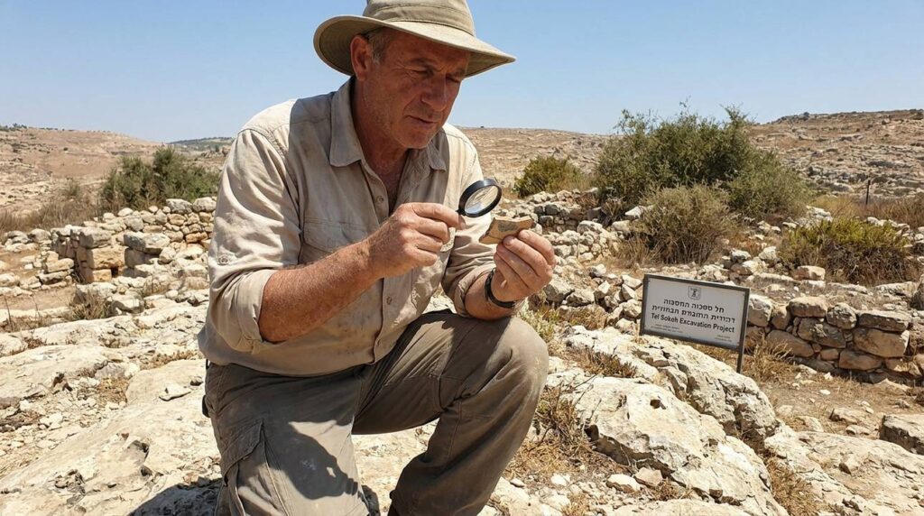 Israeli archaeologist examines artifacts at Sokoh, Israel, with rugged background.