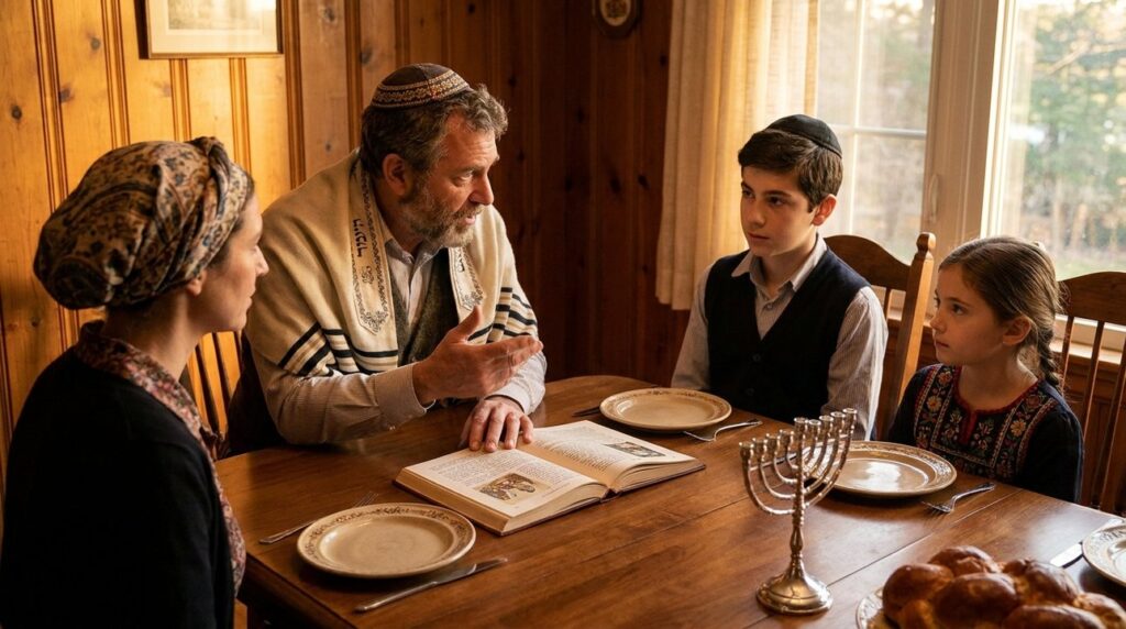 Jewish family discusses Massah around dinner table during religious observance.
