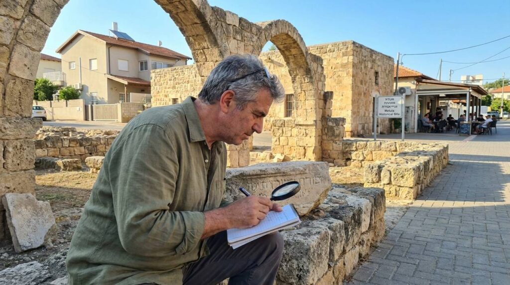 Israeli historian examines Ottoman-era ruins in Metula, taking notes.