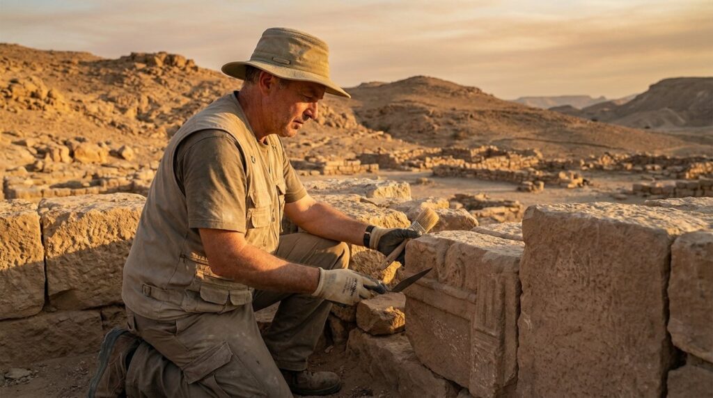Israeli archaeologist examines ancient ruins in the Judean desert.