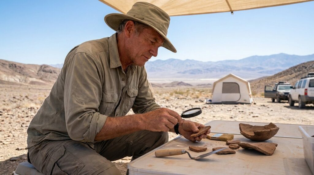 Israeli archaeologist examining pottery shards in the Negev desert.