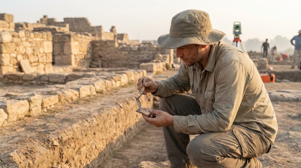 Archaeologist examines artifacts at Derbe ruins in morning light.