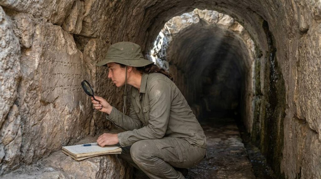 Israeli archaeologist examines ancient inscriptions at Hezekiah's Tunnel entrance.