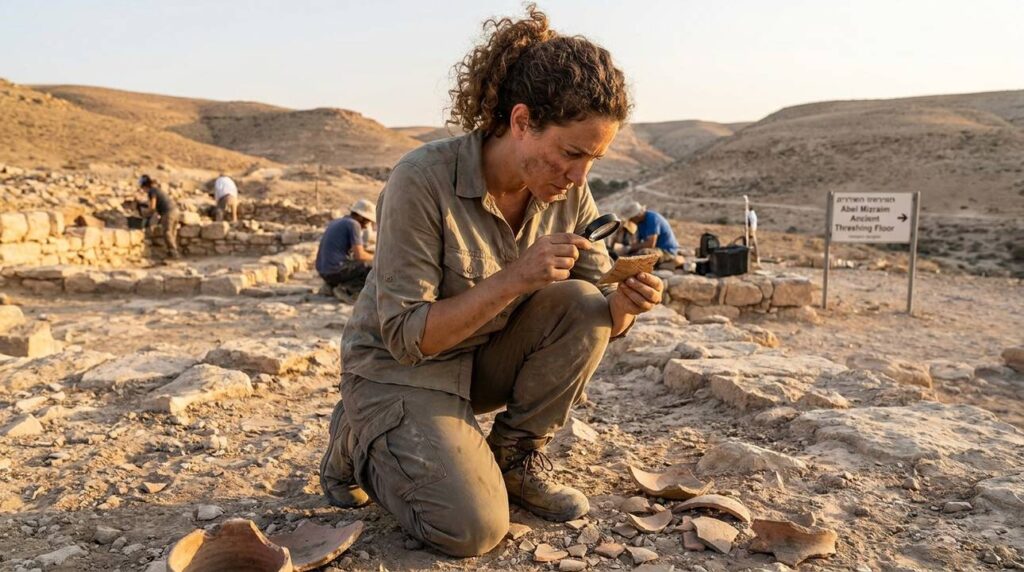Israeli woman archaeologist examines artifacts at historical site in Israel.