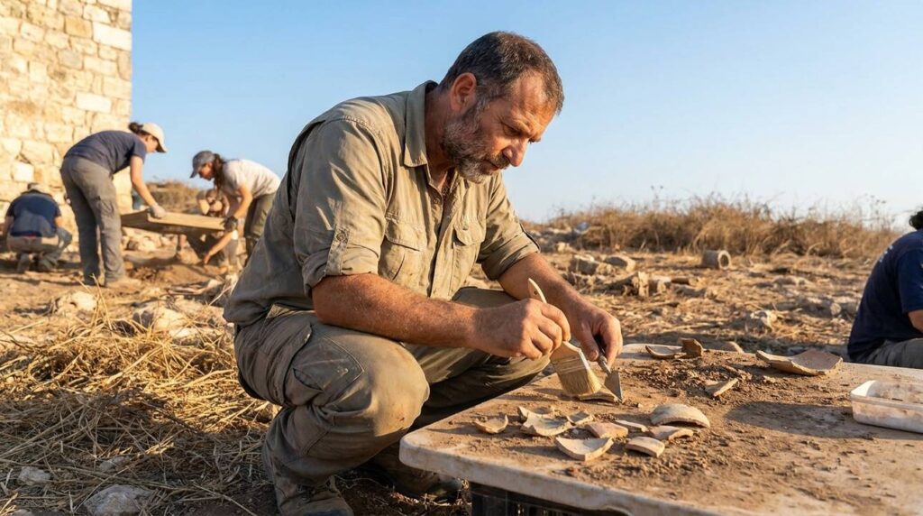 Israeli archaeologist examines Iron Age pottery at Lehi archaeological site.