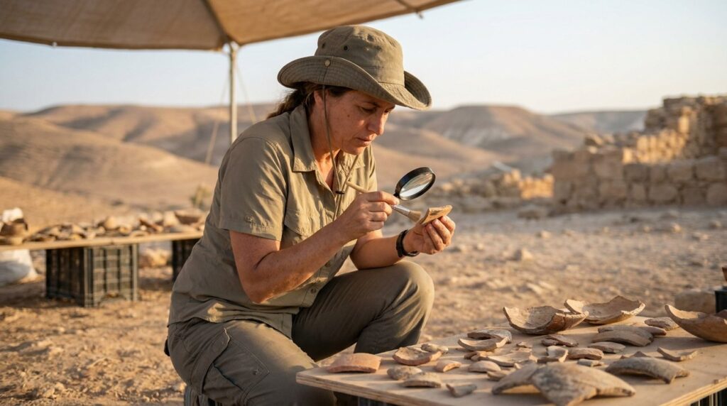Israeli archaeologist examines pottery shards in Negev desert.