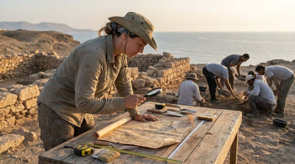 Archaeologist examines ancient map at Baal Zephon dig site.