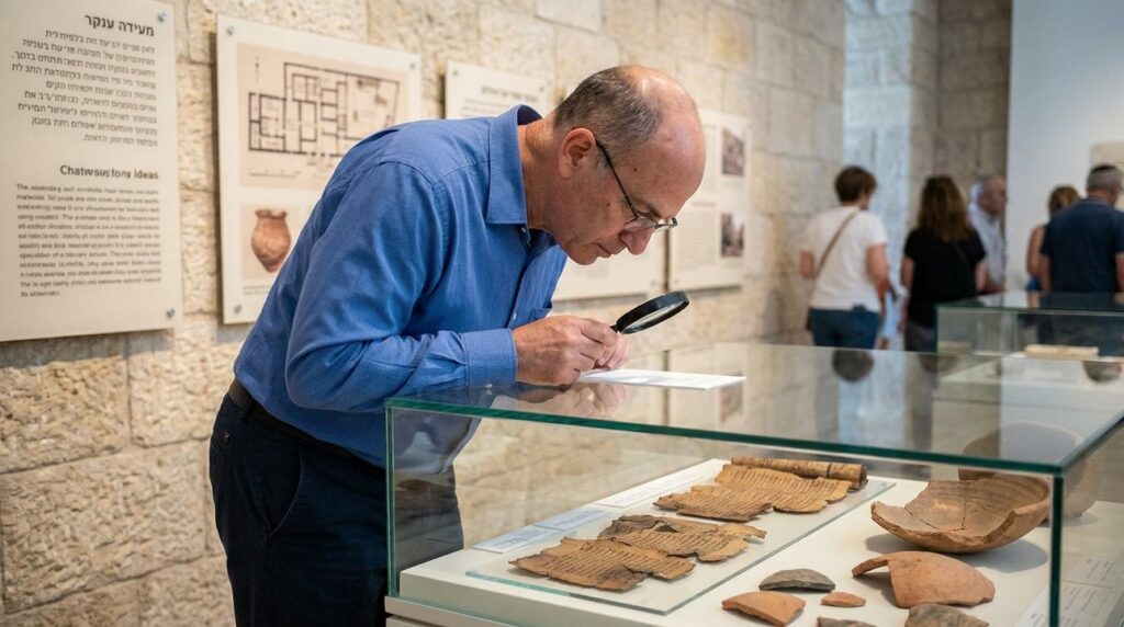 Israeli historian examines ancient scrolls and pottery in museum.