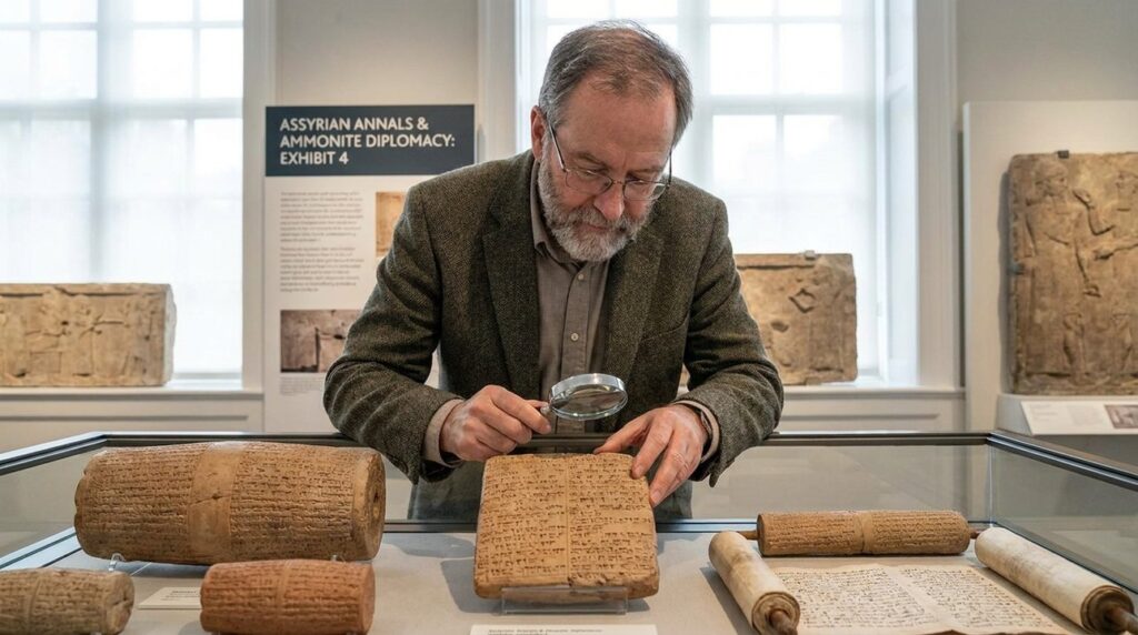 Israeli historian examines Assyrian annals in museum exhibit.