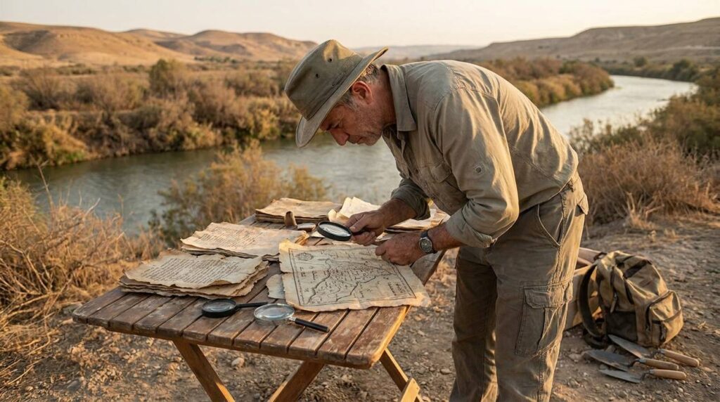 Israeli archaeologist examines ancient maps by Gozan River at sunset.