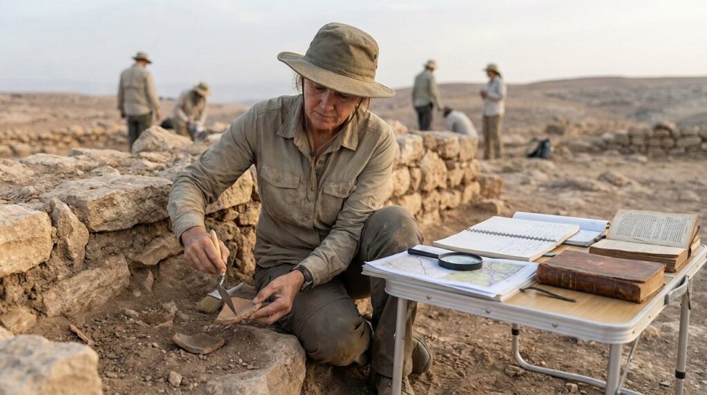 Middle-aged archaeologist examines artifacts at Heshbon ruins with tools and notes.