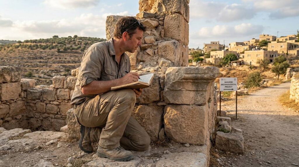 Archaeologist in field attire examines ruins in Bahurim, taking notes.