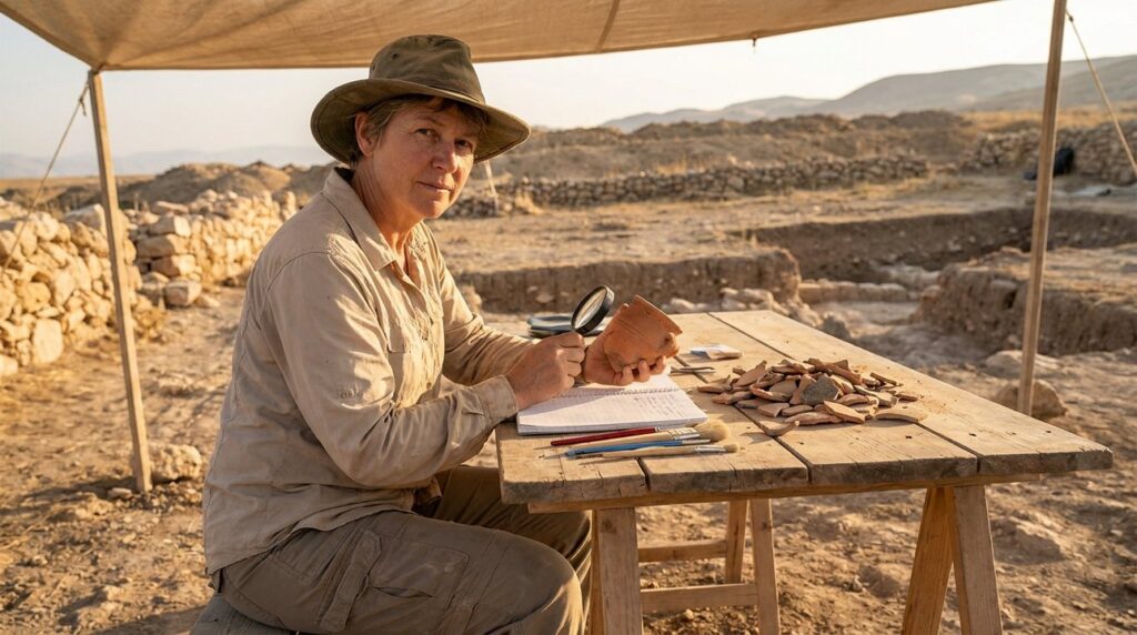 Middle-aged Israeli archaeologist examines pottery shards at excavation site.