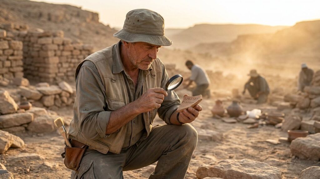 Israeli archaeologist examines Moabite artifacts at Kir Hareseth site.