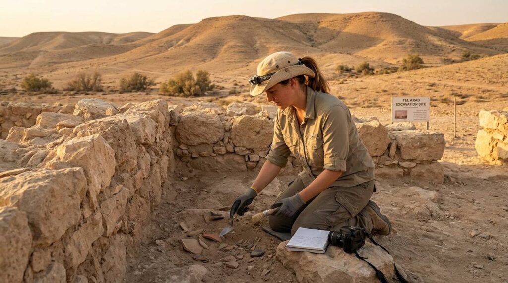 Israeli archaeologist examines ruins in Negev desert, soft afternoon light.