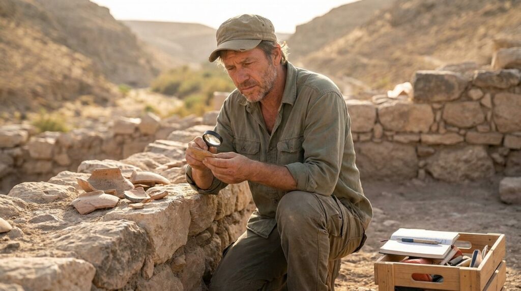 Israeli archaeologist examines artifacts at Zarethan in morning light.