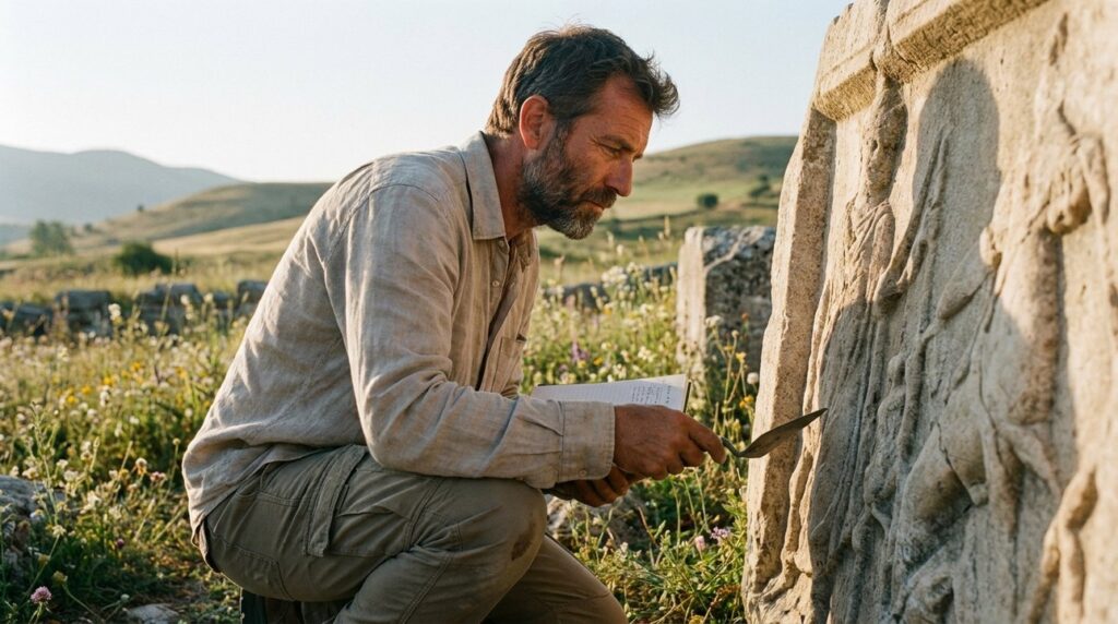 Archaeologist examining ancient stone ruins at Lystra in morning light.