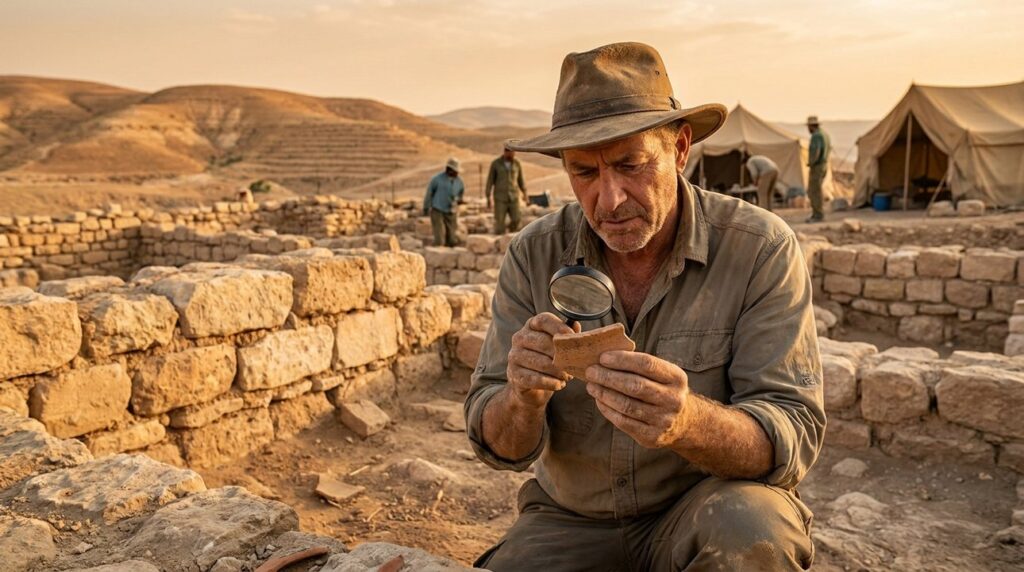 Israeli archaeologist examines ancient ruins in Israel during golden hour.