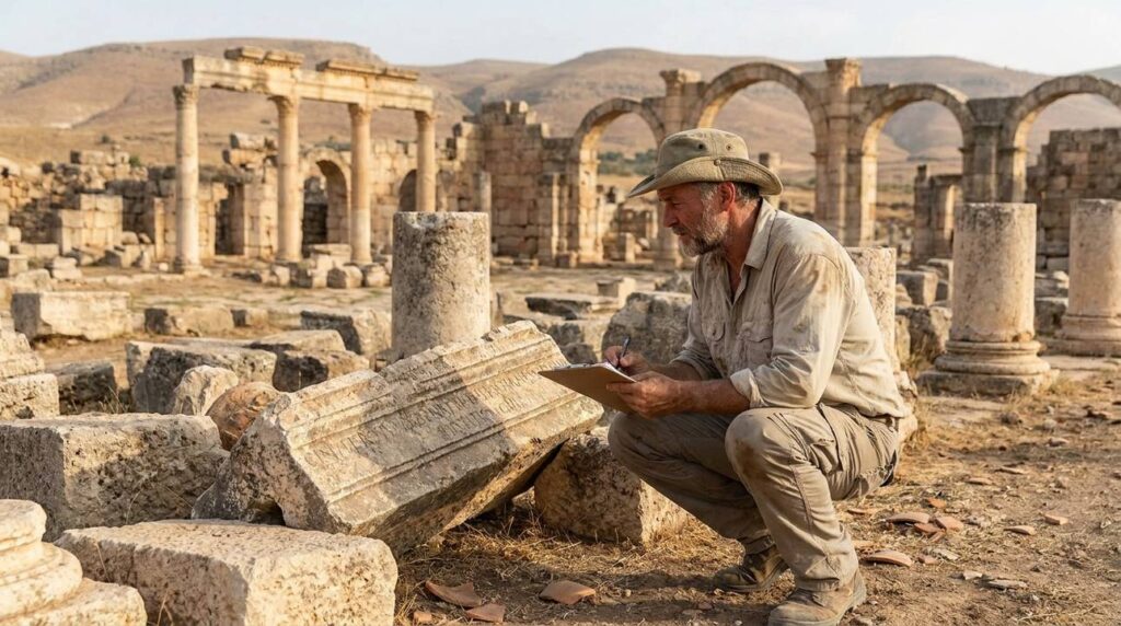 Israeli archaeologist documents ruins in Batanea with clipboard in hand.