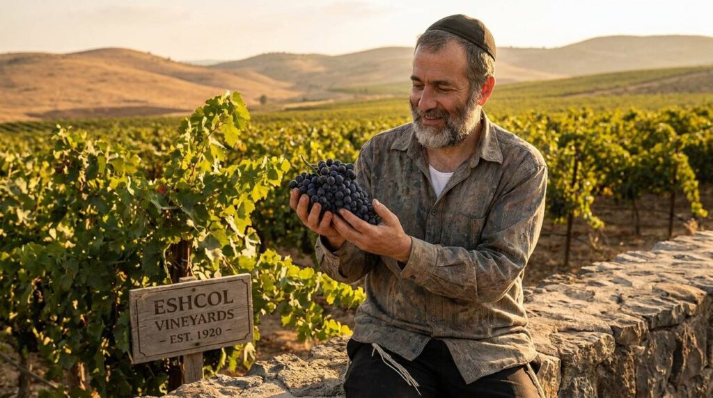 Middle-aged Jewish man in traditional attire holding grapes in vineyard.