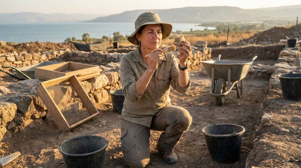 Israeli archaeologist examines artifacts at Tabgha dig site, tools visible.